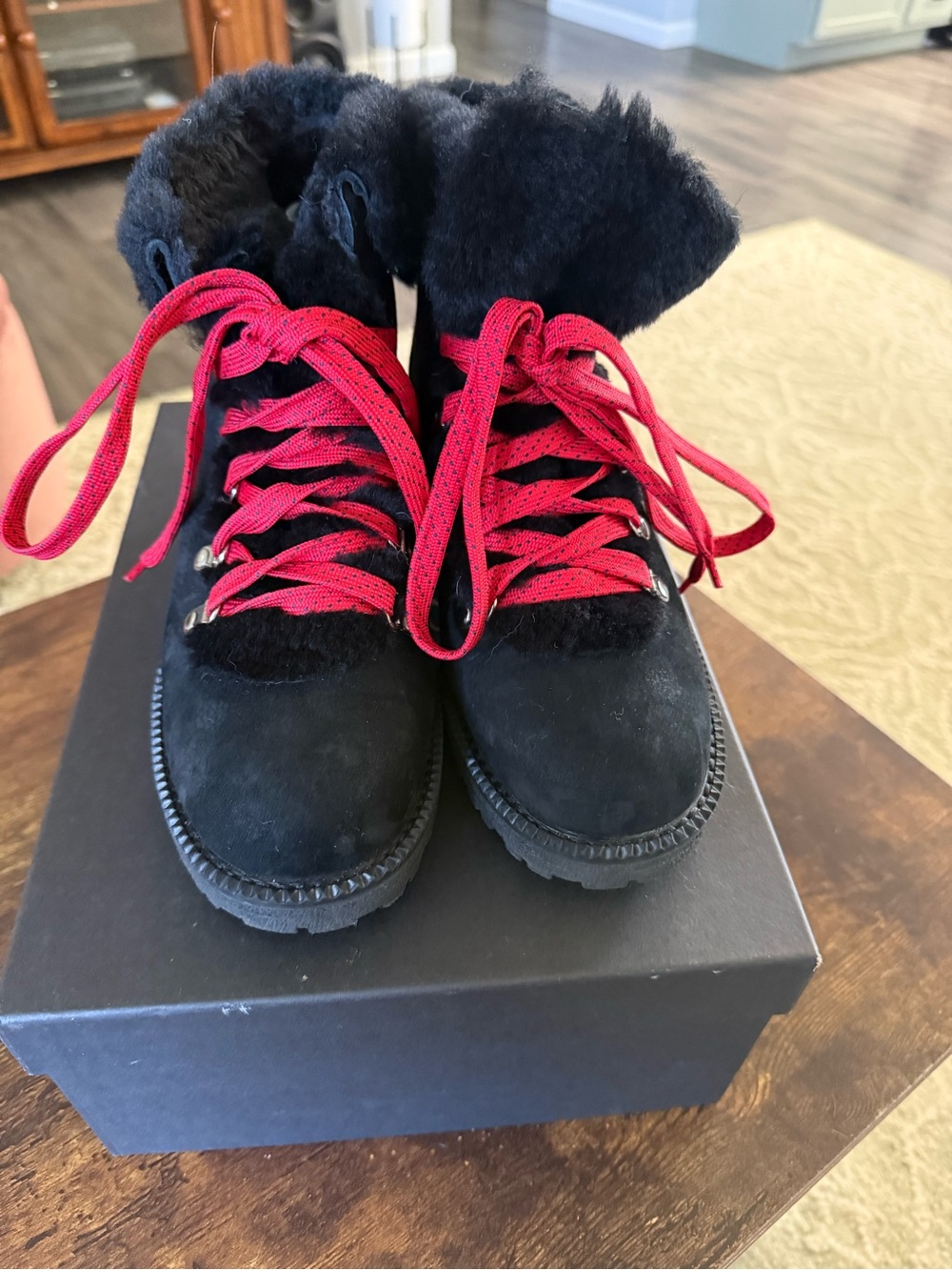 J. Crew Black Suede Faux Fur Ankle Boots with Red Laces